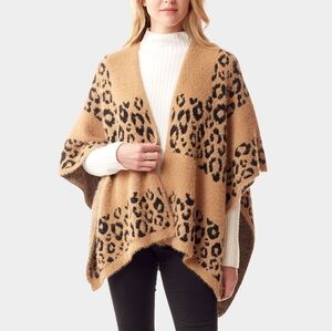 Beige Leopard Print Shawl Scarf Open Front Poncho Sweater Cape Womens Wrap Black